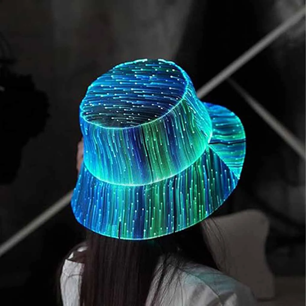 2025 Luminous Fisherman Hat LED Light, USB Charging Hat Technology Fiber Optic Flash Hat Bucket Festival Party Carnival