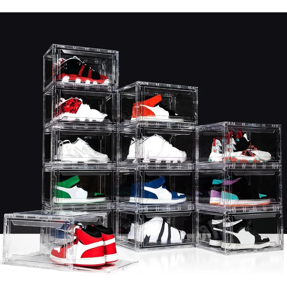 Upgraded 12 Pack Shoe Box,Acrylic Clear Shoe Boxes,Drop Front Shoe Storage Box,Clear Plastic Stackable Sneaker Box,Shoe Containe