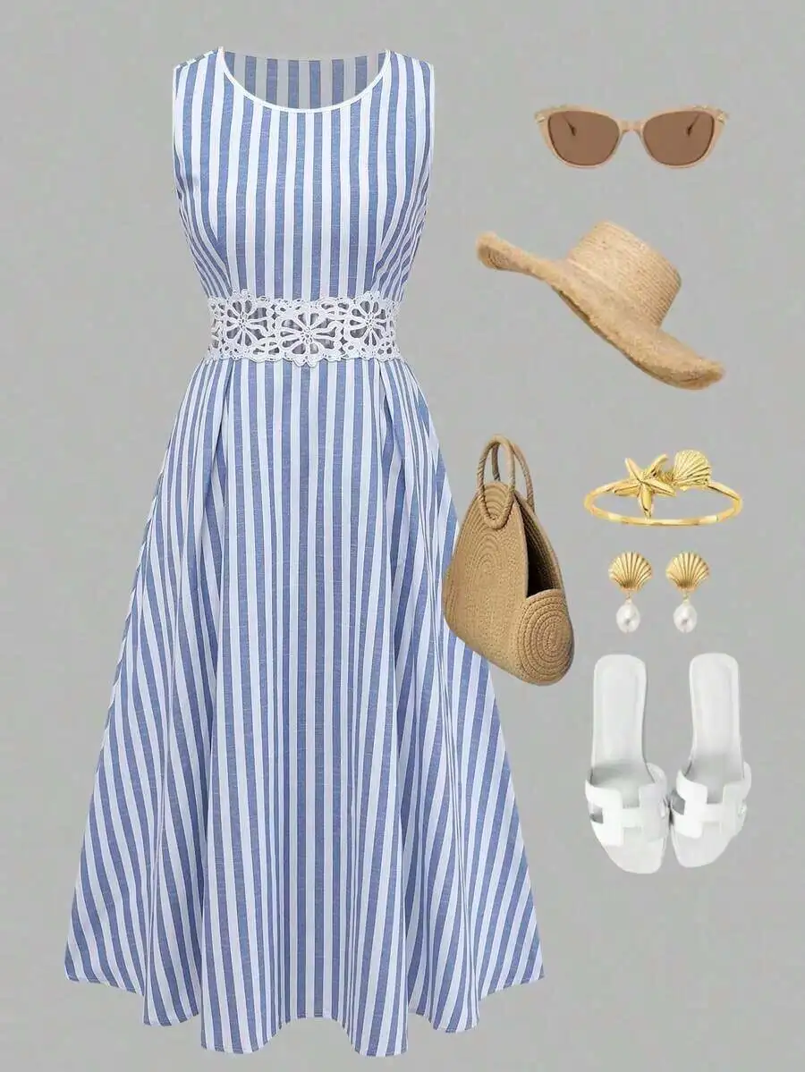 

Womens Blue And White Striped Sleeveless Lace Trim A-Line Midi Dress