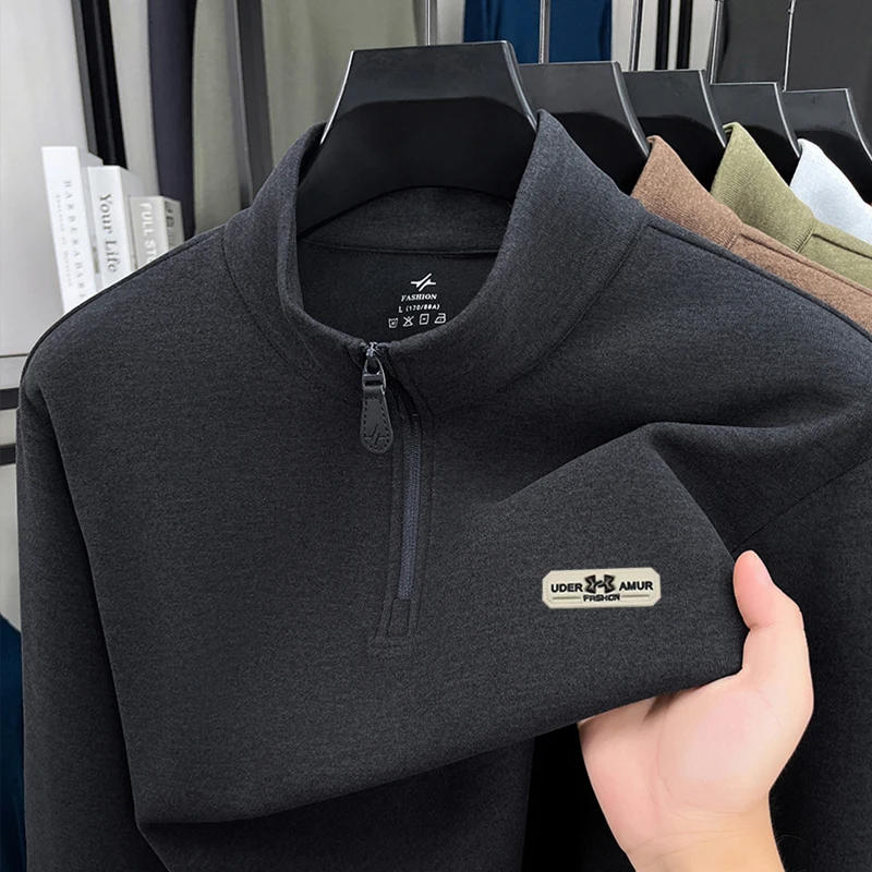 High end brand stand up collar men's Sweatshirt letter embroidered fashion comfort velvet unique half zipper casual pullover