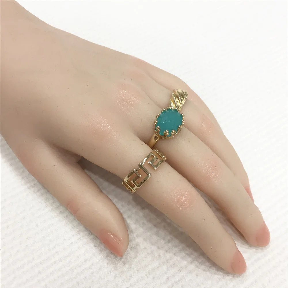 New Trend Turquoise Color Gemstone  Crown Shape Ring Gold Color Hollow Geomatric Ring Set for Women Fashion