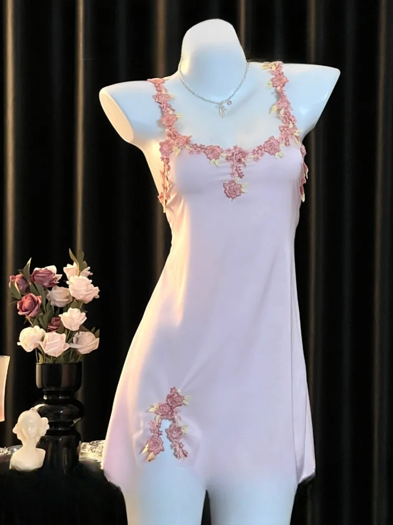 

Pink Embroidered Ice Silk Nightgown,Sexy Strappy Soft Sleepwear Women,Pure Sensual Lace Trim Chemise,Comfortable Home Pajamas