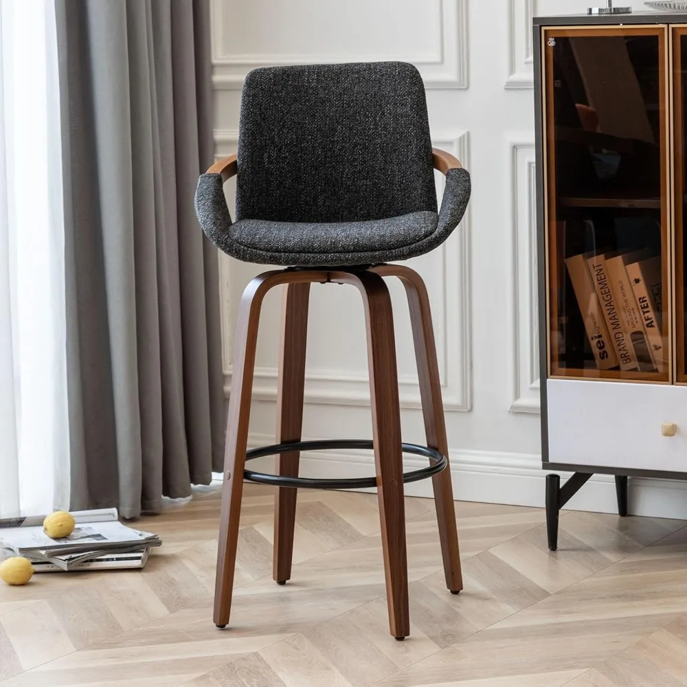 Counter Height Barstools Mid Century Modern Retro Bar Chairs Charcoal Linen Look Fabric Upholstered and Walnut Wood Frame