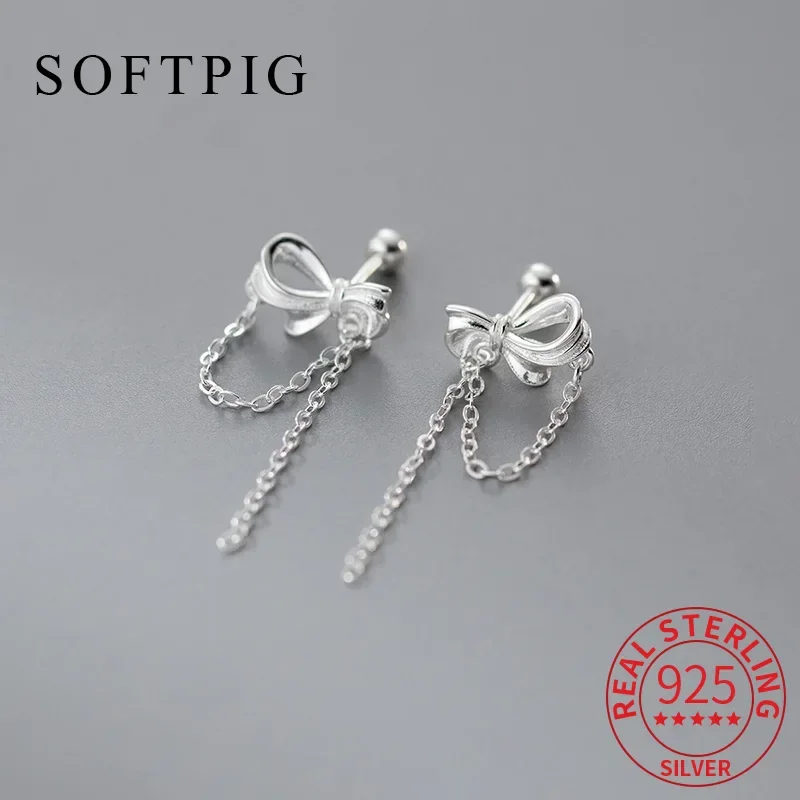 

SOFTPIG настоящее серебро 925 пробы с бантом и цепочкой с кисточками серьги-гвоздики для женщин вечерние модные изящные ювелирные изделия элегантные аксессуары