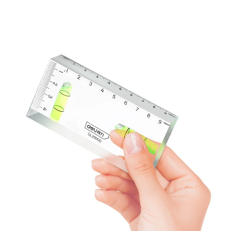 Deli 1 Pcs 100mm Transparent Level Ruler Acrylic 1mm/m High Precision 2 Horizontal Bubbles Design Multifunction Measuring Tool