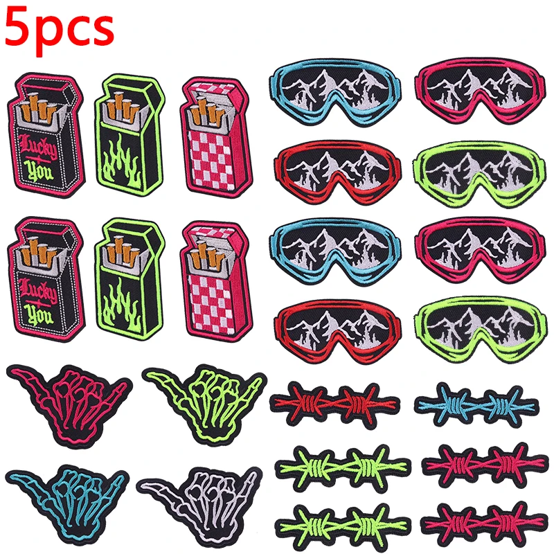 5PCS Glasses Cigarette Case Skull Finger Embroidery Patch Hats Backpack DIY Western Cowboy Element Iron On Patches For Clothing