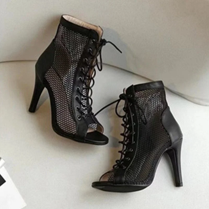 Hollow Mesh Sandals Women Summer 2022 Size 35-43 New Lace-Up Fish Mouth Stiletto High Heels Fashion Party Dance Women's Sandals