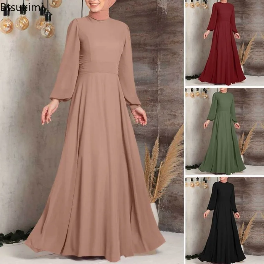 

Women's Muslim Holiday Party Turkey Sundress Fashion Abayas Hijab Dresses Caftan Females Solid Lace-up Maxi Dress Robe Musulman