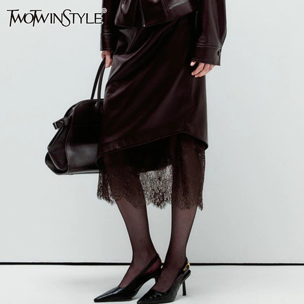 

TWOTWINSTYLE Solid Spliced Lace Basics Skirt Female High Waist Loose Temperament Vintage Women's Skirts Autumn Fashion New Style