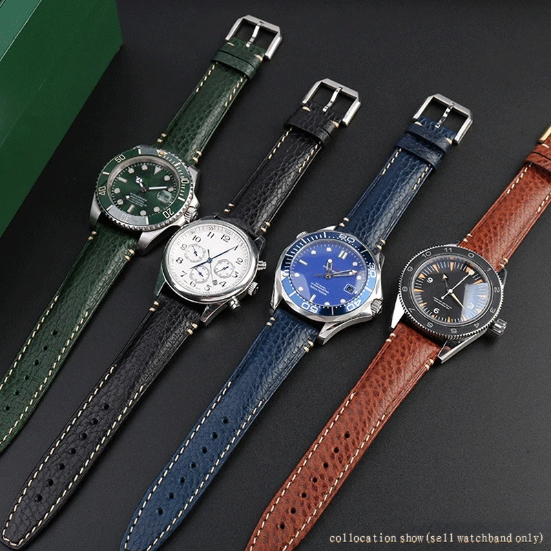 Alta qualidade pulseira de couro italiano para omega tudor rolex longines lychee macio grão cinta pino fivela relógio masculino pulseira