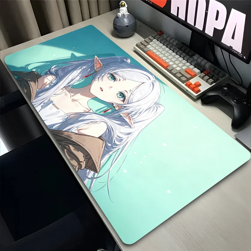 Mouse Pad Light Blue Office Desk Mat Game Computer Mousepad Frieren At The Funeral Cute Anime Mausepad Large Gaming Keyboard Pad