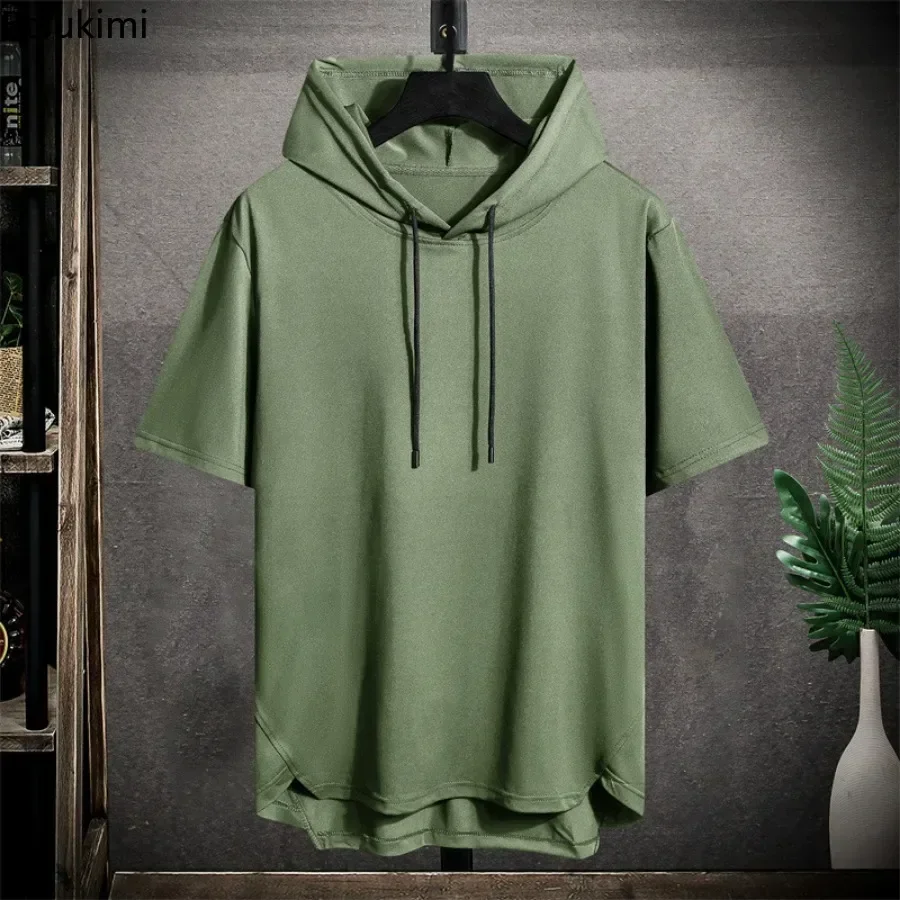 2024 Men\'s Summer Hoodies T-shirts Short Sleeve Solid Color Loose Hooded Drawstring Pullover Tops Basic Tees for Daily Wear Male