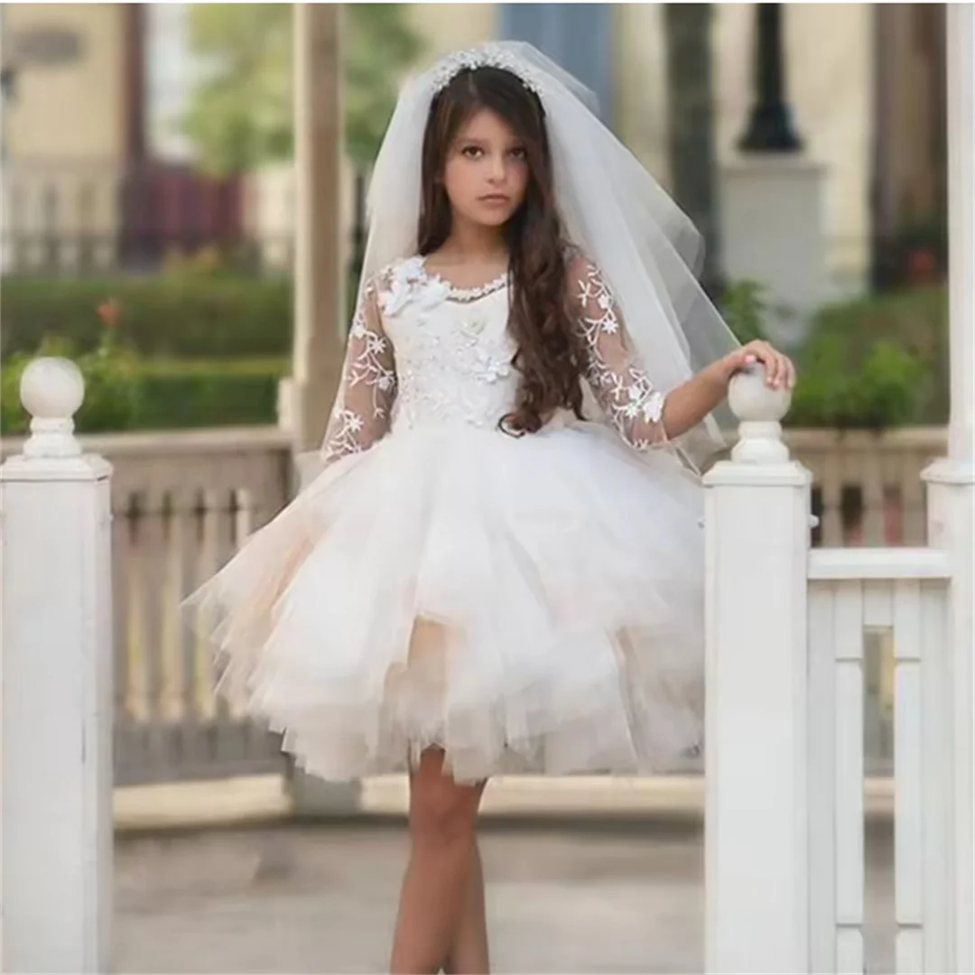 Holy Long-sleeved Tulle Lace Layered Flower Girl Dress Princess Ball First Communion Dresses Kids Surprise Birthday