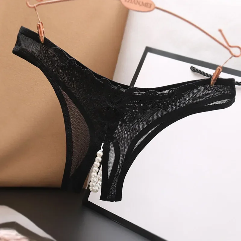 

Exotic Open Crotch Panties Thongs Women's Lace Briefs Ladies Crotchless Pearl G-String Lingerie Sexy Underwear Massaging Beads