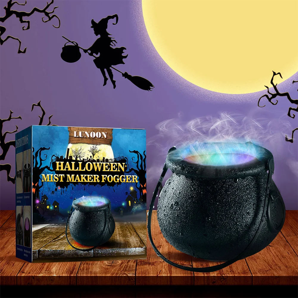 Halloween Witch Cauldron Mister Fogger 6 LED Lights Witch Pot Water Fountain Mist Fog Maker Color Changing for Party Decoration