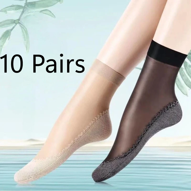 10 Pairs Women Short Sheer Socks, Cotton Sole Anti Slip Thin Crystal Silk Ankle Socks, Breathable Anti Run Hosiery