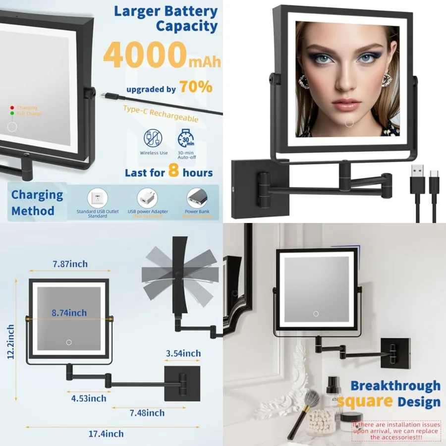 

Rechargeable Wall Mounted Makeup Mirror with Lights, Double Sided 1X/7X Magnifying Vanity Mirror with 3 Color Lighting, Touch S