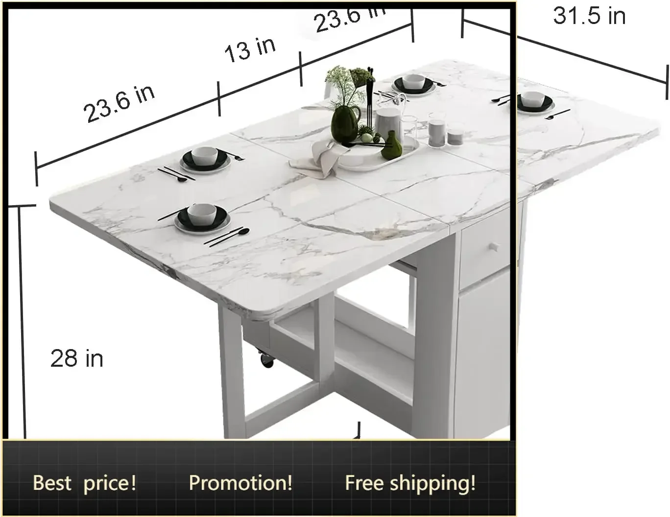 Folding Dining Table with Rack and 2 Storage Drawers, Movable Extendable Space Saving Kitchen Table in 3 Forms (White)