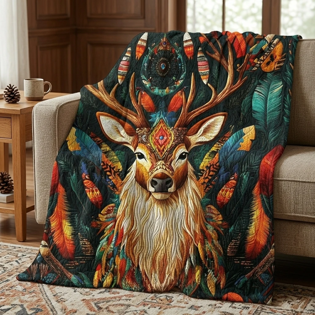 1PC Bohemian Native American Style Deer Art Thickened Flannel Blanket, Cozy Fleece Throw, Perfect Gift for Adults Boys Girls