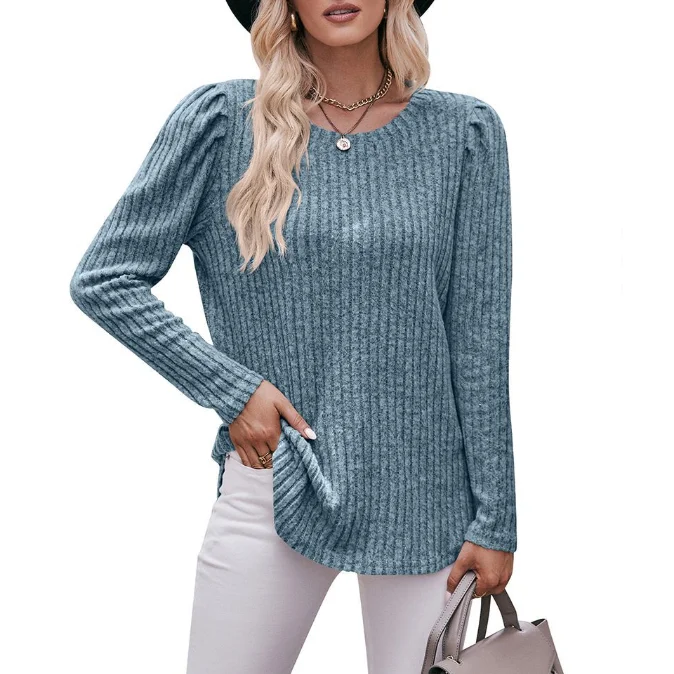 Women's Round Neck Bubble Sleeve Brushed Pit Stripe Solid Color Top Long Sleeved T-Shirt Temperament Commuting Casual T-Shirt