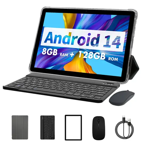 PRITOM TAB11 Android 14 Tablet 10 Zoll, 8 GB (4 + 4 Erweiterung), RAM + 128 GB ROM, Octa Core, 5G WiFi, mit Tastatur, Maus, Hülle
