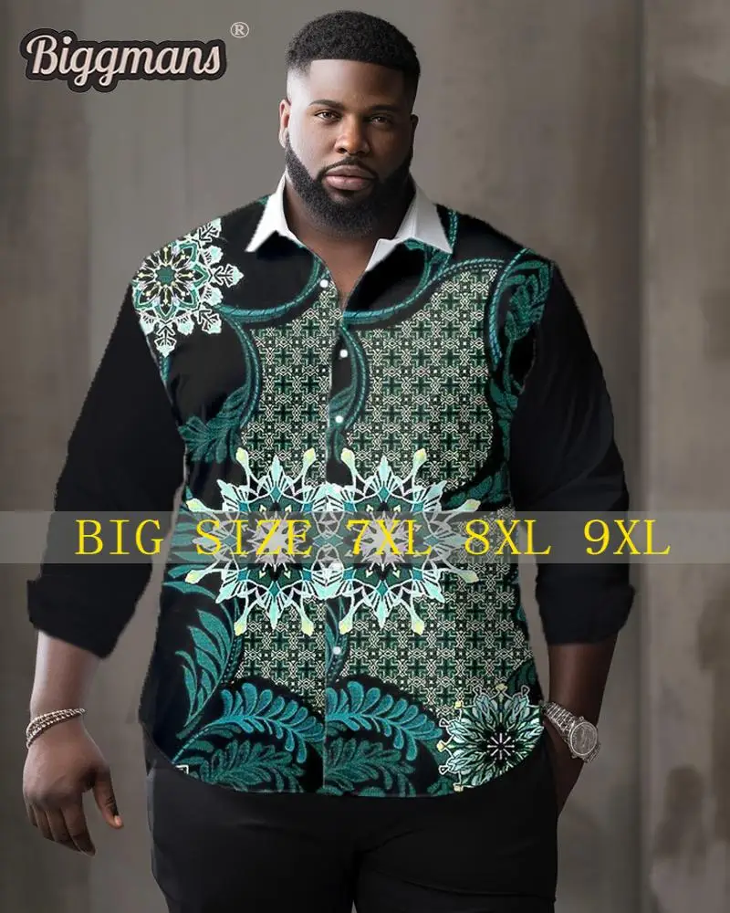 Biggmans Plus Size L-9XL for Men's Floral Check Retro Print Long Sleeve Plus Size Shirt Top