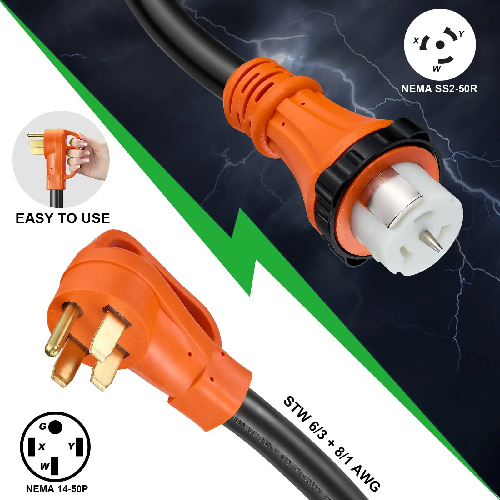 Cabo de extensão de gerador resistente de 50 Amp com caixa de entrada de energia - Adaptador de bloqueio giratório NEMA 14-50P para SS2-50R para RV