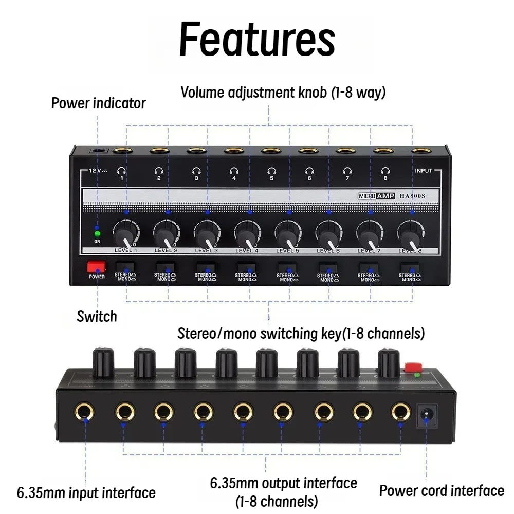 8 ช่องเครื่องขยายเสียงหูฟัง HA800S เสียงสเตอริโอ/โมโนแอมป์ Microamp เครื่องขยายเสียงสําหรับ Music Mixer บันทึกเครื่องขยายเสียง