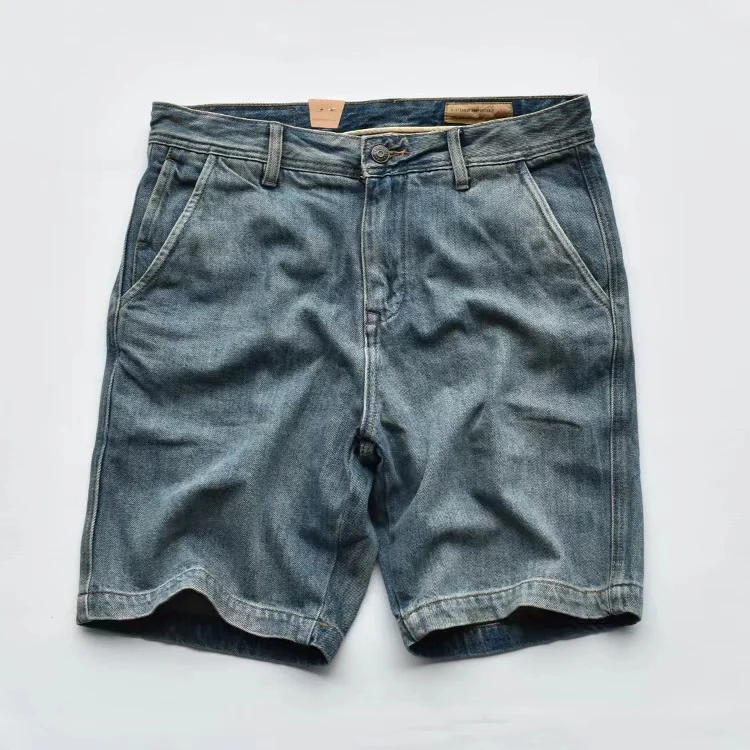 

Американские свободные джинсовые брюки с завышенной талией в стиле ретро, тяжелые молодежные модные брюки с пятью дюйма, повседневные прямые брюки из смеси хлопка