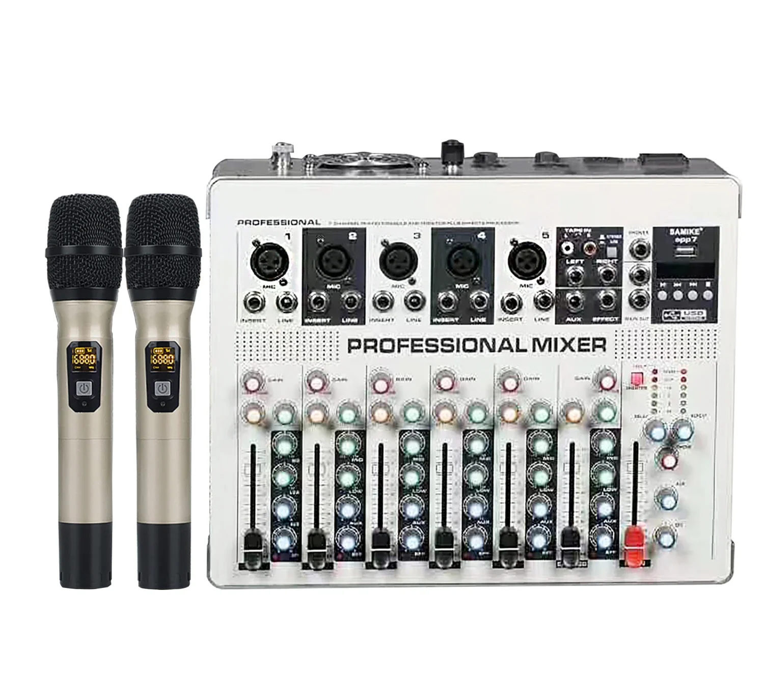 Professional 7-channel mixer with amplifier wireless microphone integrated machine suitable for karaoke stage perform