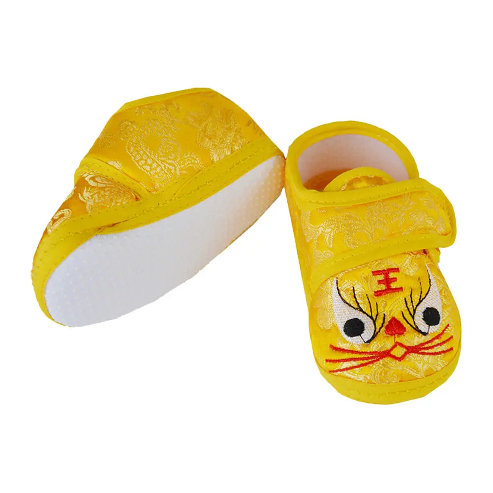 

12pcs Soft Sole Baby Shoes Toddler Infant Unique Yellow Silk Upper Newborn Embroidered Cartoon Tiger Head Adorable Cozy Warm