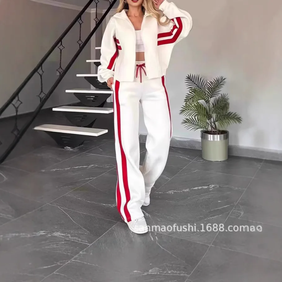 

2025 Autumn Y2K Striped Zipper Top Jacket Casual Sports Suit Women's Europe and America