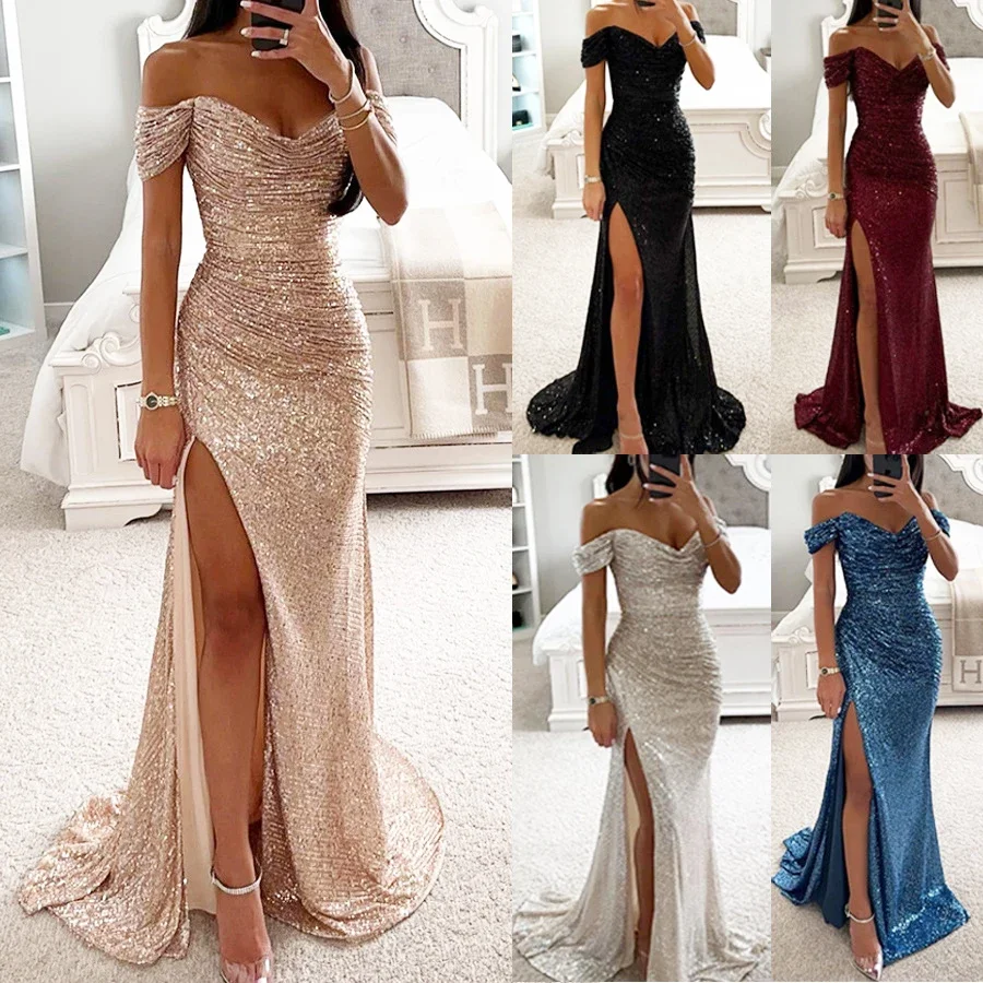 2024 New Women Vintage Sequined V Neck Off Shoulder Slim Sexy Split Long Dress Evening Party Maxi Dresses Party Sequin Dress