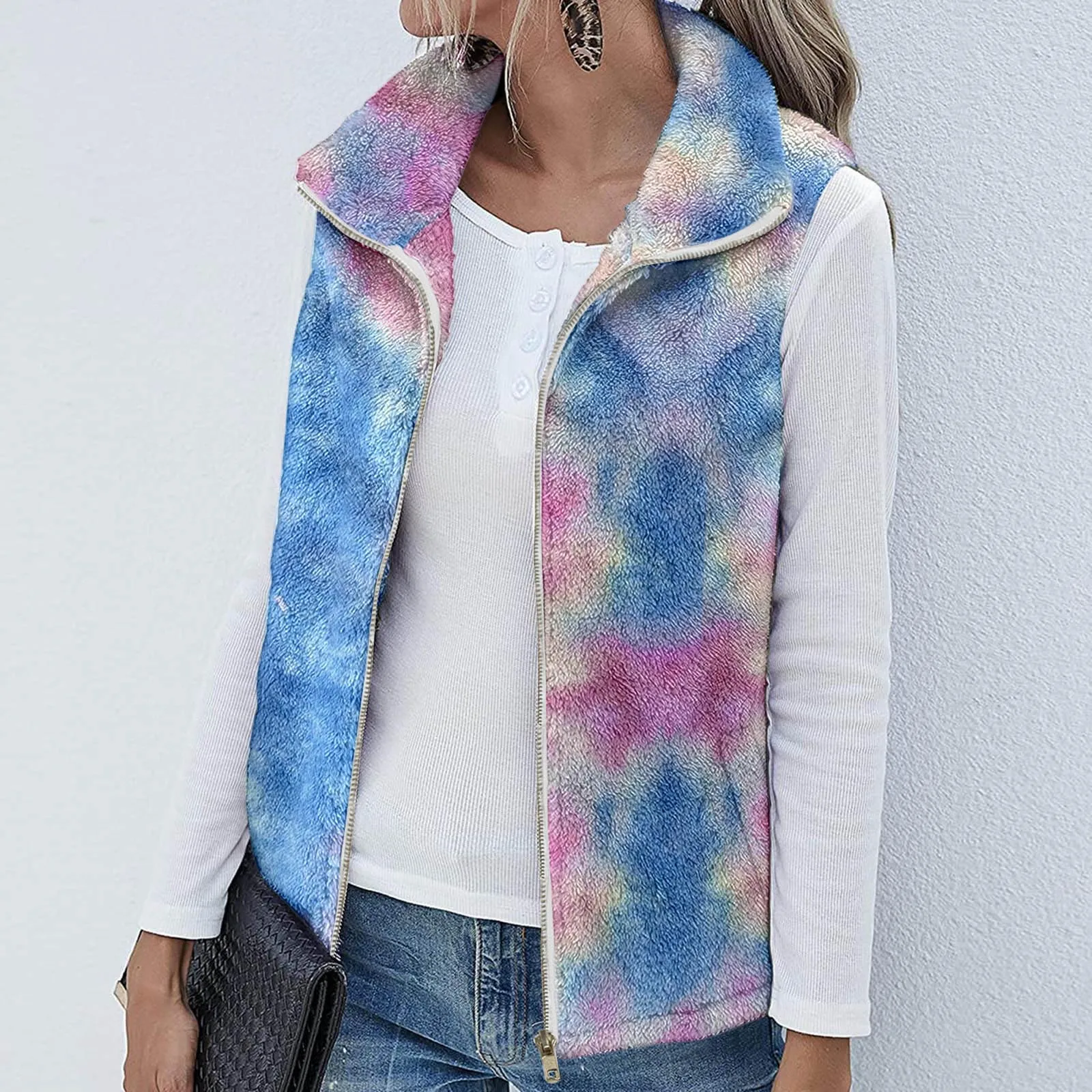 

Womens Fleece Outwear Vests Tie-dye Color Winter Warm Faux-fur Furry Coat With Pockets Zip Sleeveless Artificial Wool Vest Coat