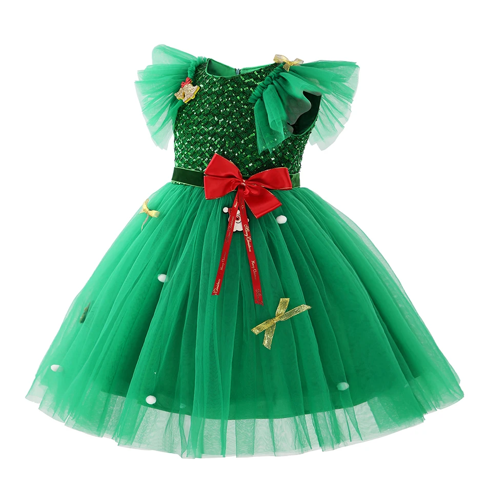 Children Girls Xmas Dress Green Elf New Year Clothing Christmas Tree Tulle Tutu Dress for Toddler Kids Holiday Ball Gown Outfits