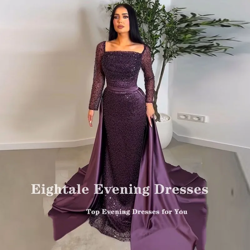 Eightale ชุดราตรีหรูหรา Robes De Soirée Strapless Sequined ที่กําหนดเองแขนยาวสีม่วงชุดราตรีงานแต่งงาน