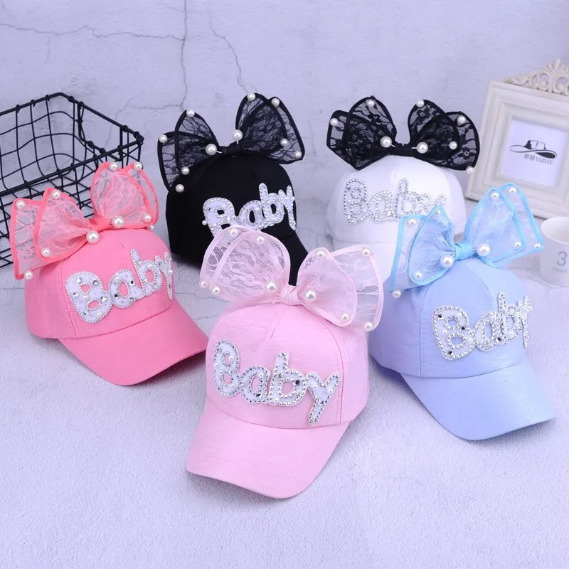 New Spring Girls Hat Solid Letter Print Baseball Caps with Sweet Lace Bow Decor Kids Chic Casual Outdoor Baseball Hat 3-8Y