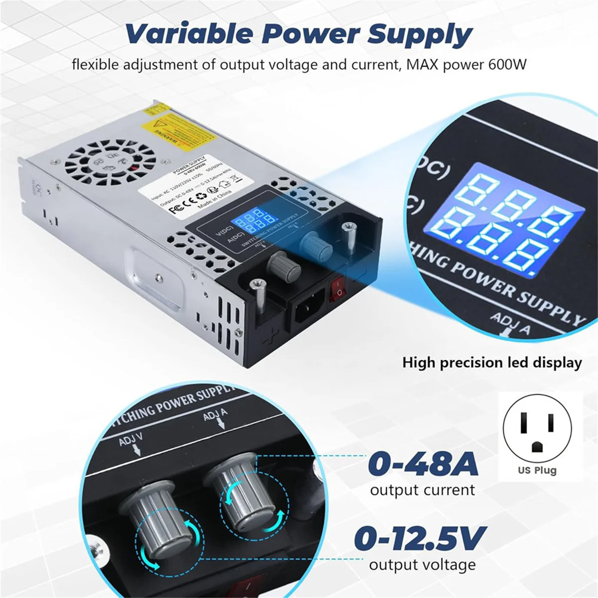 Преобразователь переменного тока в постоянный, 60 В постоянного тока, регулируемый источник питания 0–60 В, 0–10 А, SMPS, максимальный 600 Вт, импульсный источник питания, вилка стандарта США
