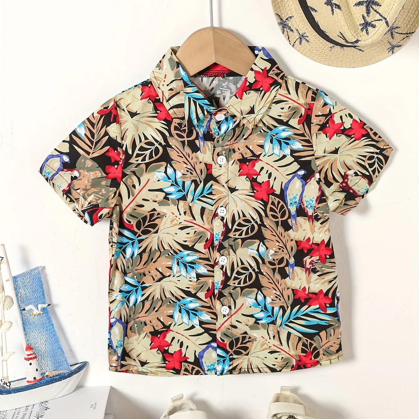 Children\'s Boy\'s Clothing Summer Hawaiian Shirt Boy Party Style Floral and Leaf 3D Print Short Sleeve Lapel T-Shirt for Children