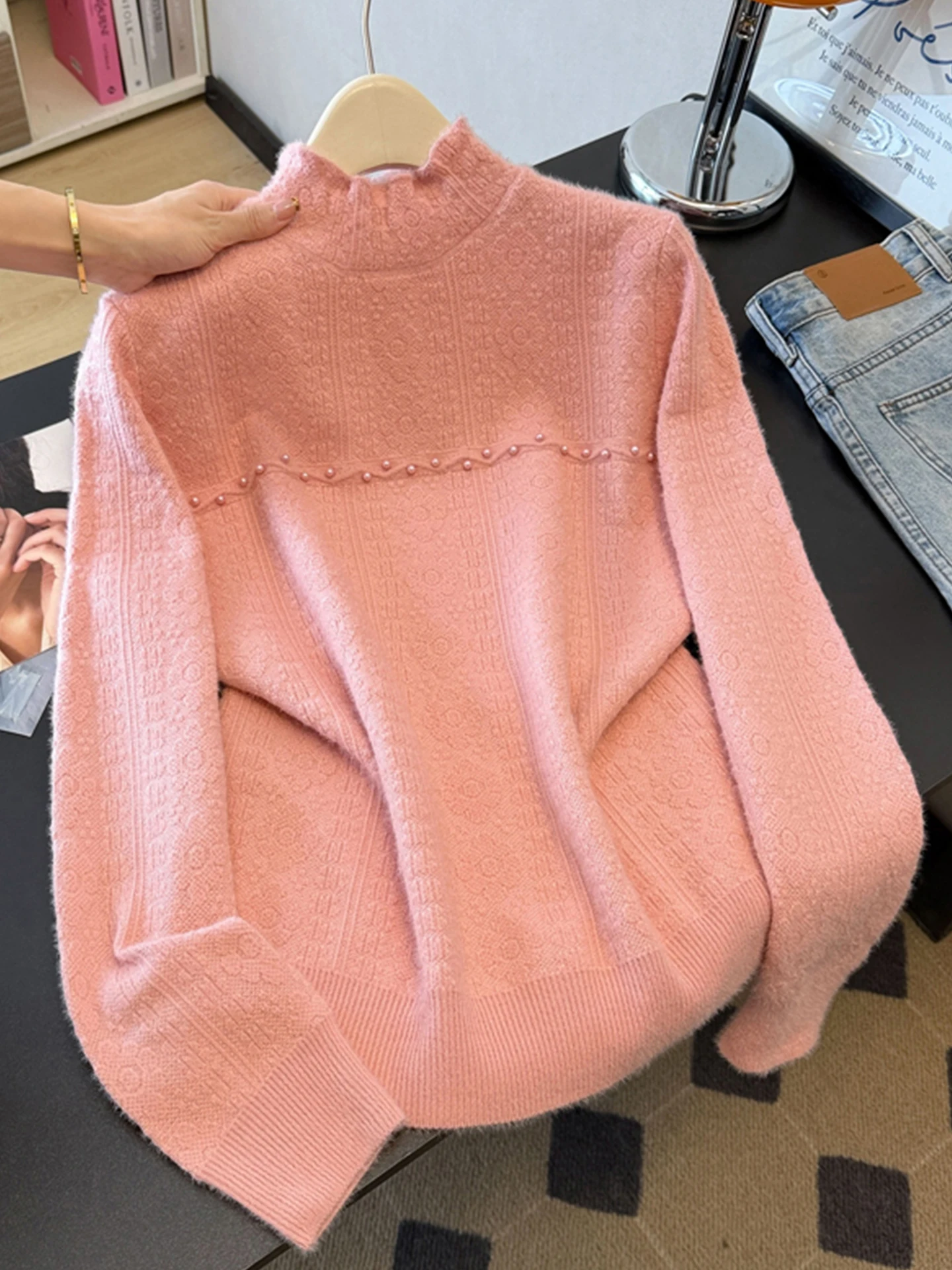 

Мягкий вязаный свитер с жемчугом для женщин, осенне-зимний, больших размеров, с красивой вышивкой, высоким воротником, базовый топ в корейском стиле