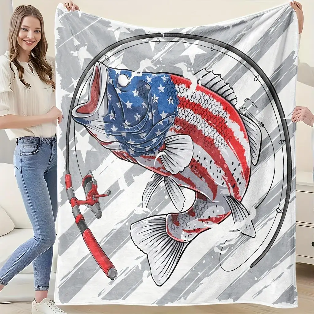 Pattern of the American Flag Fish Flannel printed blanket suitable for all seasons suitable living room office sofa and travel