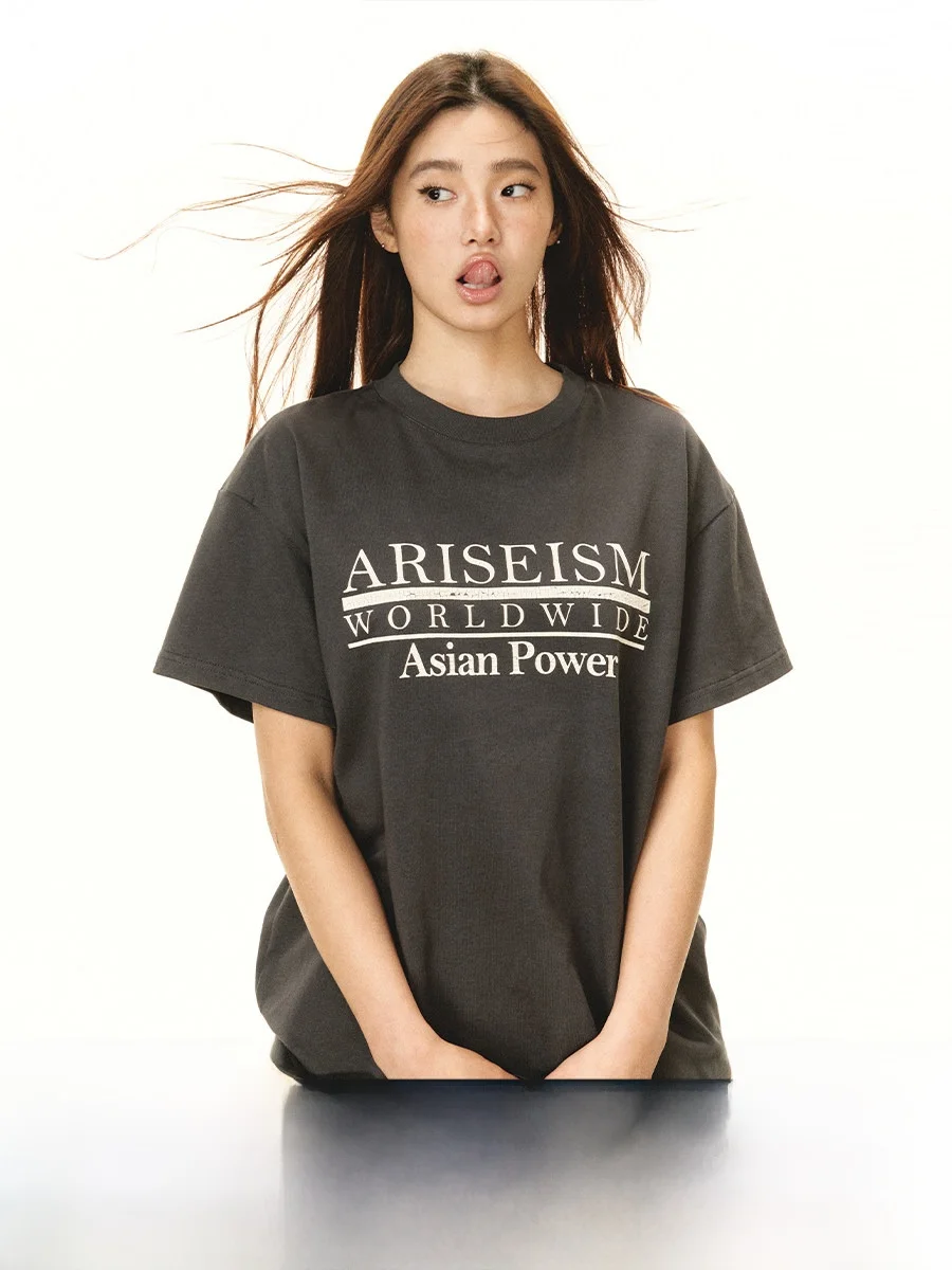 

Ariseism American Retro Loose ort Sve T-irt Women's Summer New Print round Ne Top Street Sle Cotton 00%