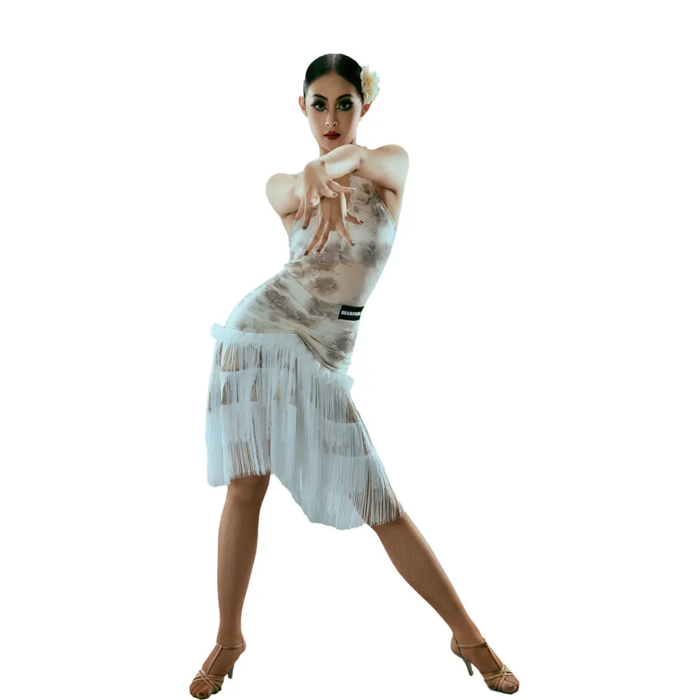 

Latin Dance Professional Dress High-end Rose Print Neck Tassel Samba Women's Adult Stage Professional Clothing