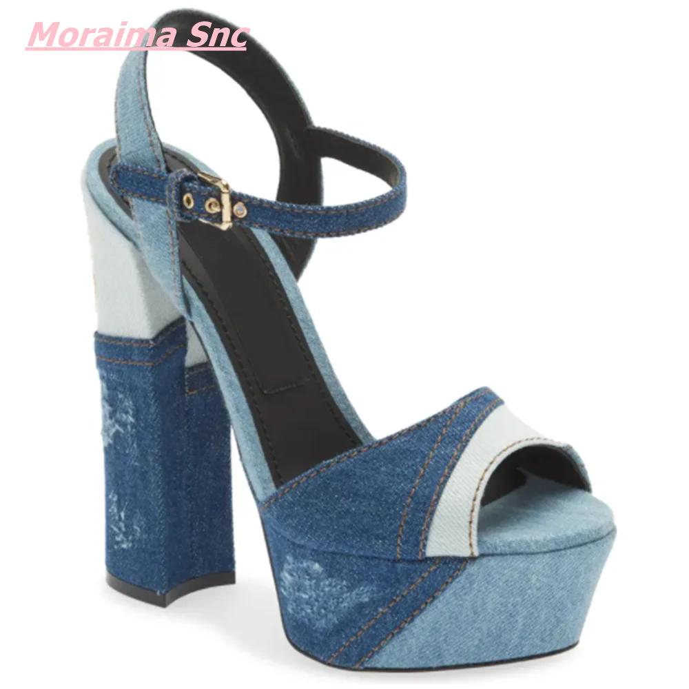 

2022 Women New Denim Pumps Peep Toe Buckle Strap Shoes Patchwork Square High Heel Shallow Platform Fashion Solid Party Sandals