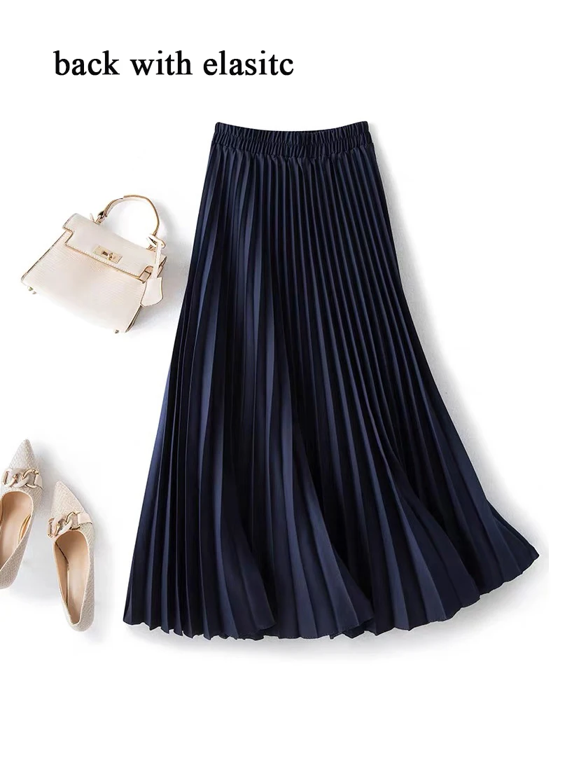Brand Designer Women Spring Autumn Solid Elegant Chic Pleated Skirt High Waist Luxury With High Elastic Female C-035