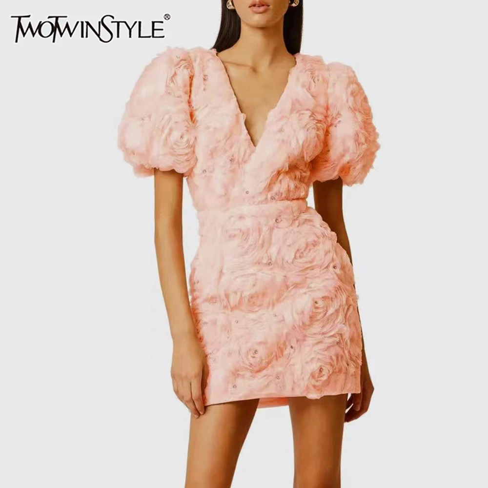 

TWOTWINSTYLE Solid Slimming Temperament Dresses for Women V Neck Short Sleeves Patchwork 3D Flowers Mini Dress Female Clothing
