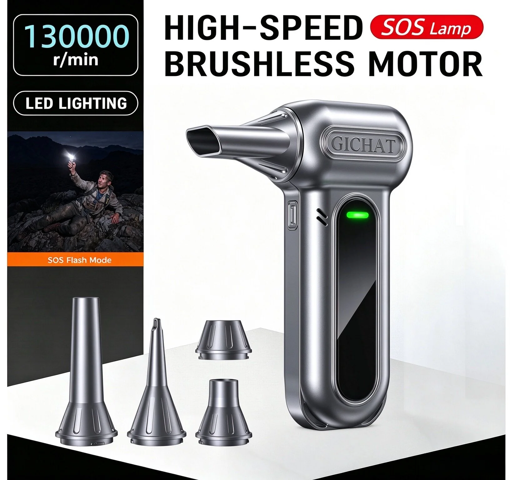 GICHAT Compressed Air Duster 130000RPM 8000mAh Powerful Handheld Air Blower Vacuum Cleaner Turbo Jet Fan W/ LED Lighting/SOS