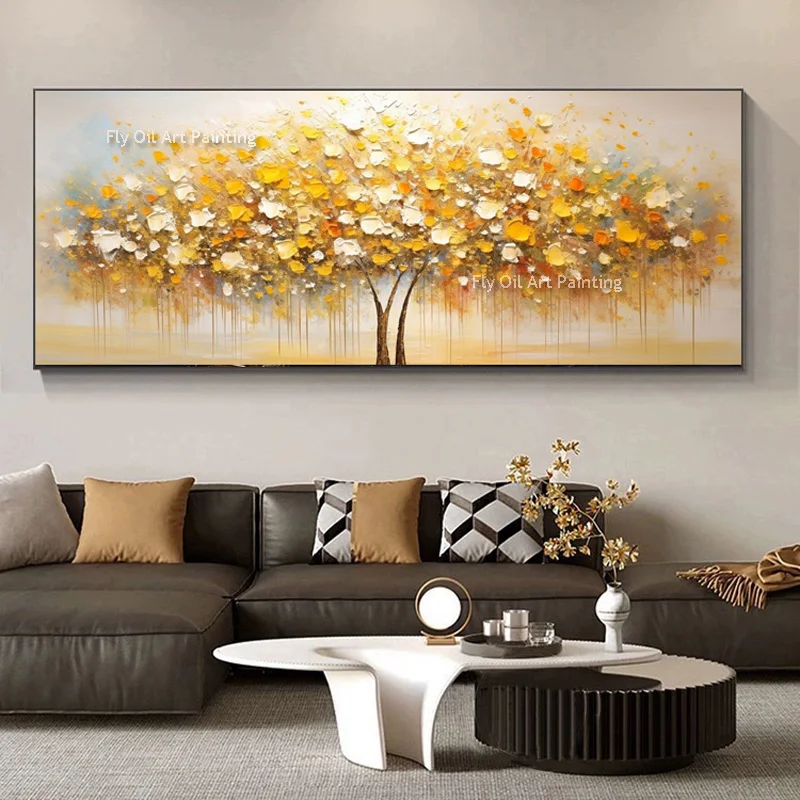 

Golden Tree Knife Thick Oil Painting Hand Painted Aesthetic Modern Treescape Canvas Artwork Abstract Wall Art For Home Decor