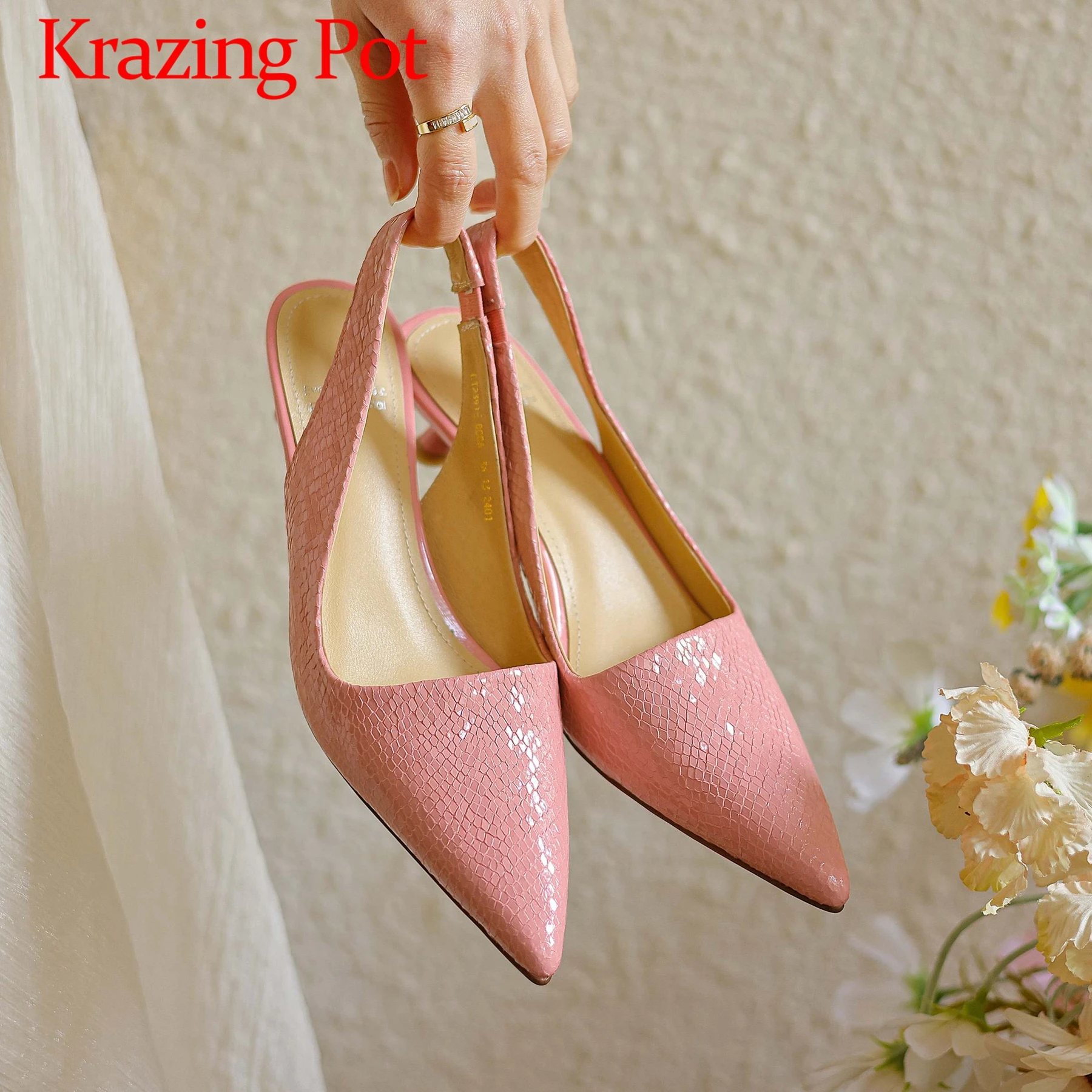 

Krazing Pot Full Grain Leather Pointed Toe Stiletto Med Heels Slip On Slingback Patterns Leather Ventilate Sweet Sandals Women