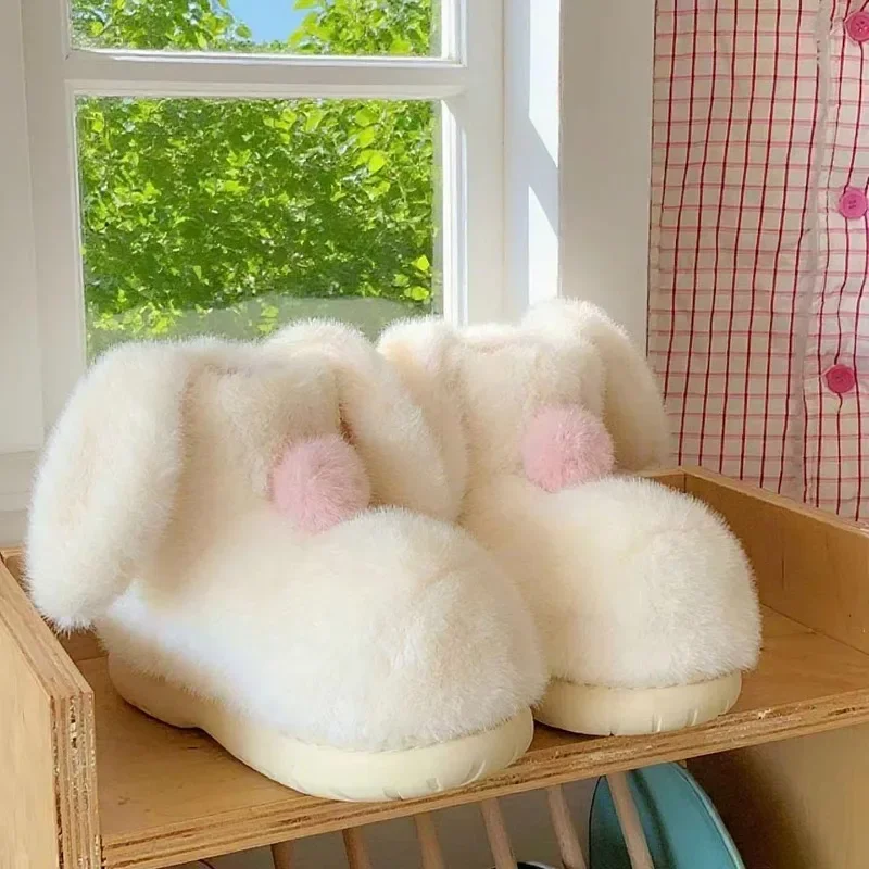 

Sweet Girl Winter Snow Boots, Thickened Cute Plush Rabbit Ears for Female Students, Warm Flat Shoes for Women Ankle Boots